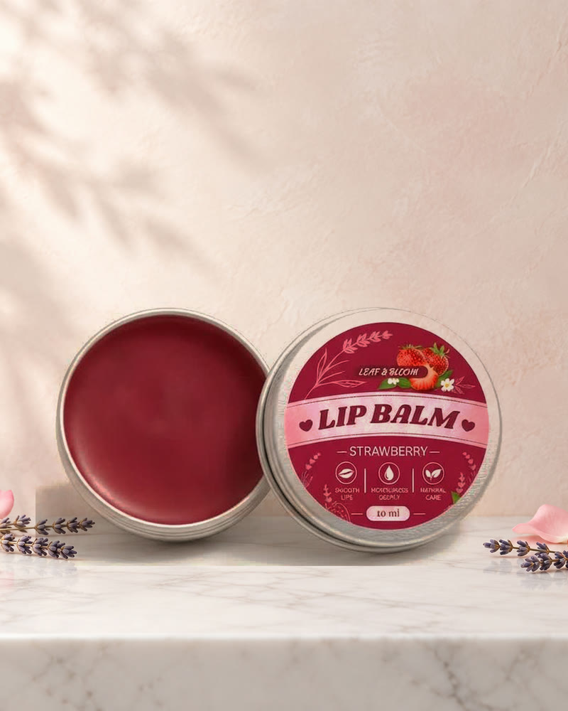 Leaf & Bloom Lip Balm in strawberry, in a small screw-top jar