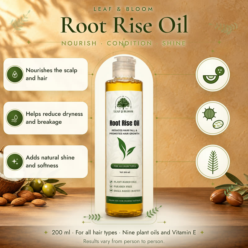Leaf & Bloom Root Rise Oil: a 200 ml transparent bottle of golden oil with a clear flip-top cap, beside the words Root Rise Oil, 200 ml, for all hair types