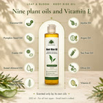 Nine plant oils and Vitamin E, the ten ingredients ringed around the bottle: Coconut Oil, Pumpkin Seed Oil, Castor Oil, Sweet Almond Oil, Rosemary Essential Oil, Jojoba Oil, Argan Oil, Tea Tree Oil, Olive Oil and Vitamin E. Scented only by its own oils. 200 ml, for all hair types, small batch crafted
