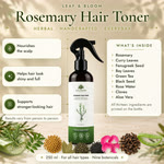 Leaf & Bloom Rosemary Hair Toner, a 250 ml spray bottle, on a stone table with rosemary, curry leaves, aloe vera, fenugreek and rose petals
