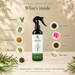 What&rsquo;s inside: rosemary, curry leaves, fenugreek seed, bay leaves, green tea, black seed, rose water, cloves and aloe vera, plus vegetable glycerin, distilled water, vitamin E and a minimal amount of sodium benzoate